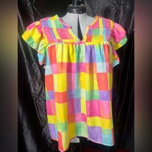 Boutique Multi Color Plaid Ruffle Sleeve Top by BiBi Women’s Sz L